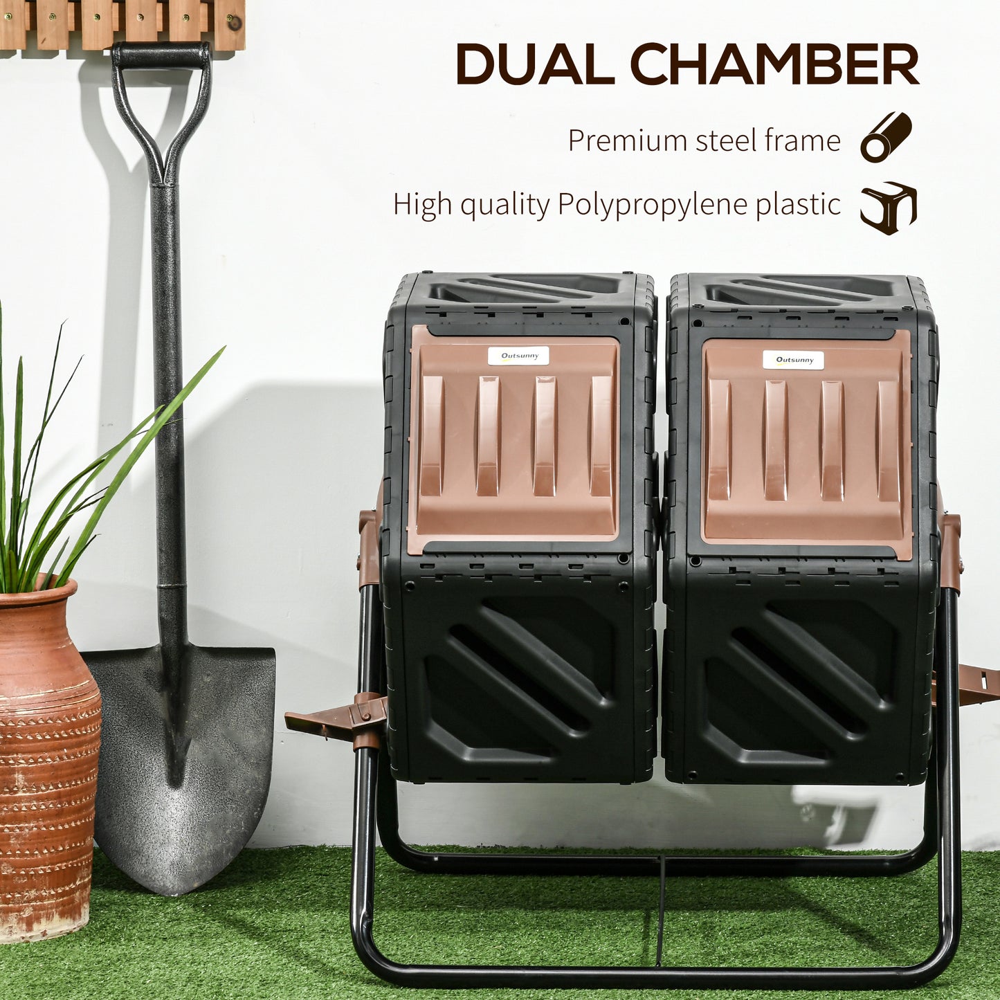 Dual Chamber Compost Tumbler Bin, Outdoor Tumbling Composter with 24 Ventilation Openings and Steel Legs, 34.5 Gallon