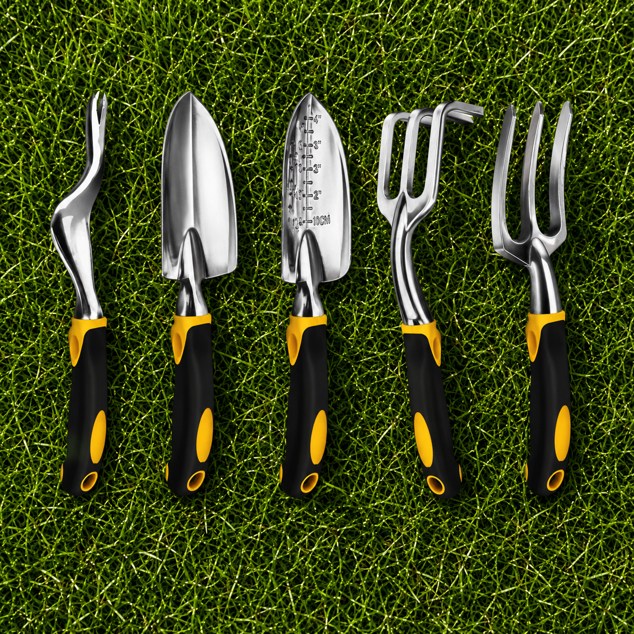 Premium Garden Tools Set of Five - Trowels(2), Fork, Rake and Weeder.