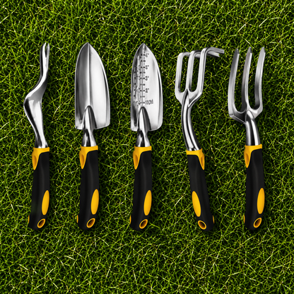 Premium Garden Tools Set of Five - Trowels(2), Fork, Rake and Weeder.