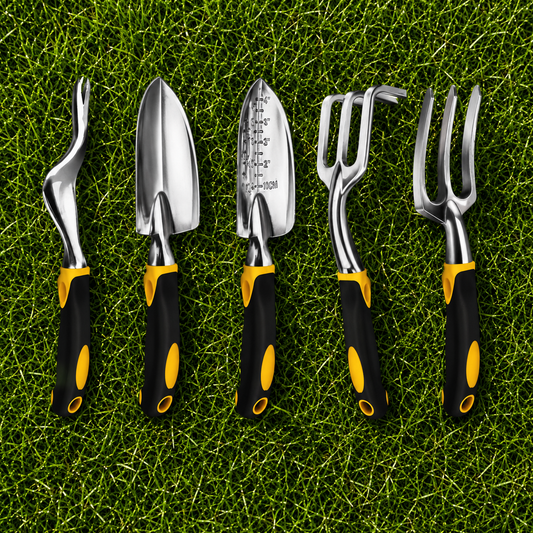 Premium Garden Tools Set of Five - Trowels(2), Fork, Rake and Weeder.