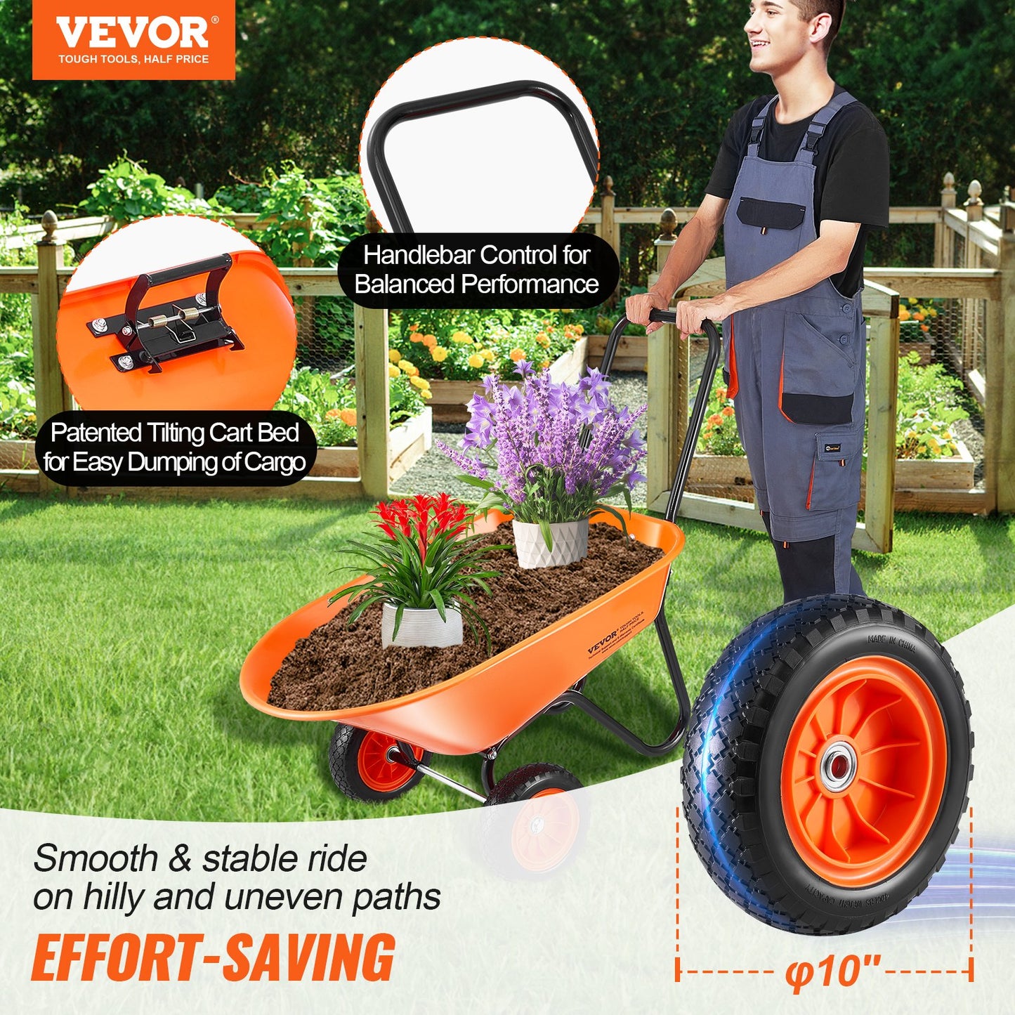 Wheelbarrow Cart, 5 Cu. Ft. Load & 397 Lbs Capacity, 2 Wheels Garden Dump Cart, Garden Wagon With Handle & 10" Wide Track Wheels, Easy Loading Utility Yard Cart & Wagons For Outdoor Lawn Yard